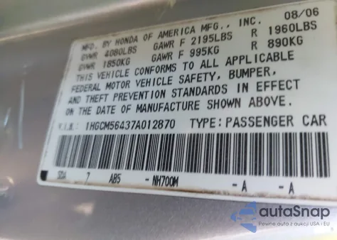 2007 Honda Accord 2.4 Lx z USA, uszkodzony, nr VIN 1HGCM56437A012870